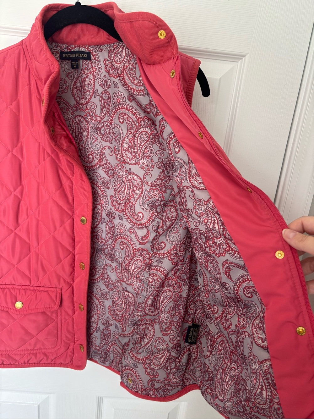 Quilted Sleeveless Vest - Red British Khaki Coral Pink Paisley Lining Barbiecore